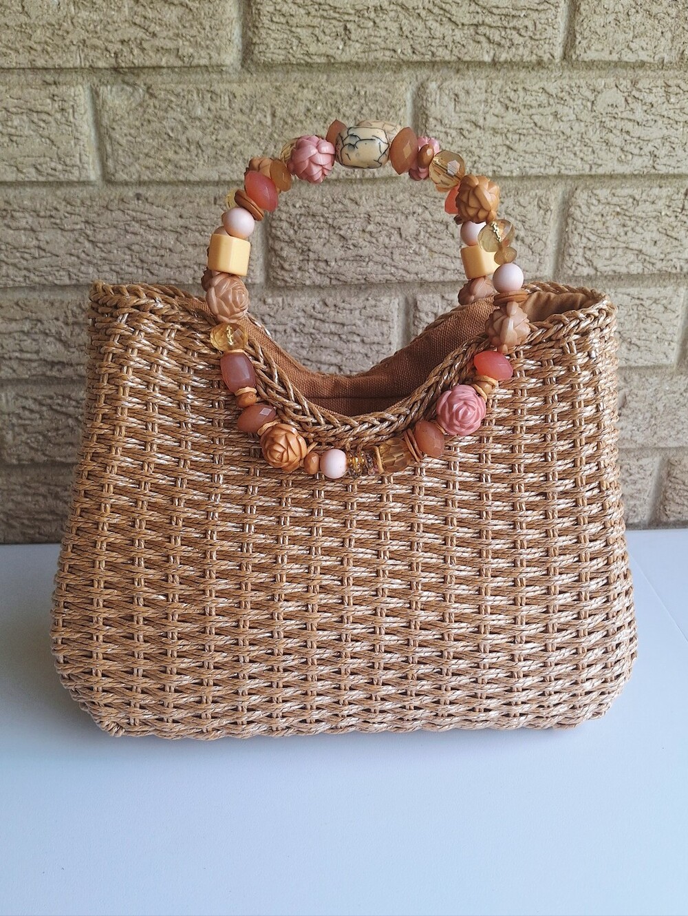Vintage Cappelli Straworld Purse Beaded Handles Like New Condition